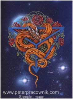 a painting of a snake with roses on it's head and an arrow in the shape of a heart