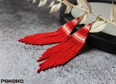 Handmade Trendy Red Tassel Earrings, Red Tassel Beaded Earrings, Red Beaded Tassel Earrings, Red Drop Tassel Earrings For Summer, Red Tassel Drop Earrings For Summer, Elegant Red Tassel Earrings For Summer, Elegant Red Beaded Fringe Earrings, Elegant Red Beaded Earrings With Fringe, Red Beaded Fringe Earrings For Summer