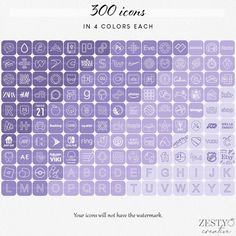 a purple and white poster with the words 100 icons in 4 colors each