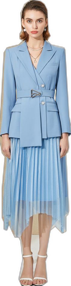 Formal Blue V-neck Outerwear, Spring Blue Office Lady Blazer, Spring Office Lady Blue Blazer, Elegant Light Blue Blazer For Work, Elegant Light Blue Blazer For Workwear, Blue Long Sleeve Skirt Suit For Office, Elegant Tailored Pleated Blazer, Elegant Blue Skirt Suit For Spring, Blue Skirt Suit For Office In Spring