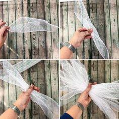 four pictures showing how to make a tulle veil for an angel wings headpiece