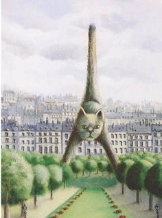 the cat is hanging upside down from the eiffel tower in paris, france