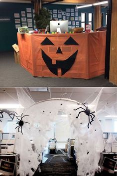 Cubicle Decoration Ideas for Halloween Spooky Office Decorations, Halloween Themed Office Decor, Cute Halloween Office Decor, Cubical Halloween Theme, Halloween Cube Decorating Ideas, Halloween Decoration For Office, Diy Office Halloween Decor, Halloween Decorations Office Ideas, Graveyard Office Decorations