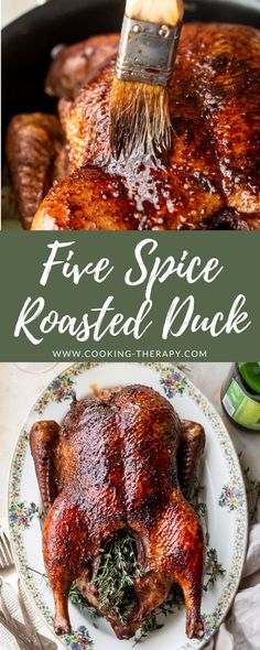 a roasted chicken in a pan with the words, five spice roasted duck on it