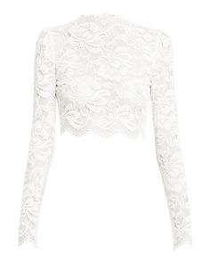 Paco Rabanne "Haut" lace top features a scalloped trim  High neckline Long sleeves Back zip closure  Cropped hem  Fitted  Nylon/polyamide/elastane Imported Cropped Lace Top, Chainmail Dress, Scalloped Trim, Lace Crop Tops, Paco Rabanne, High Neckline, Parisian Style, Neiman Marcus, Lace Top