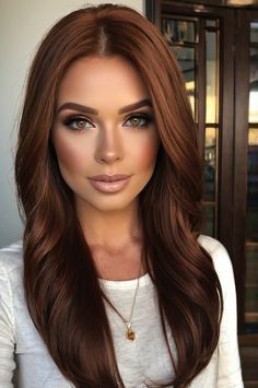 fall hair colors copper brown Long Mahogany Brown Hair, Kaitlyn Olson Hair, Rich Chestnut Hair, Cowboy Copper Hair Brown Eyes, Black Hair To Copper, Hair Colors For 2025, Copper Hair Makeup Ideas, Cool Toned Copper Hair, Dark Rose Gold Hair Brown