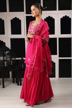 Pink kurta with floral zardosi and zari embroidery. Paired with a sharara and embroidered dupatta. - Aza Fashions Festival Sharara With Dori Work In Traditional Drape, Traditional Chinon Sharara For Navratri, Embroidered Sharara With Traditional Drape For Transitional Season, Traditional Sharara With Dupatta And Traditional Drape, Traditional Sharara With Dupatta, Embroidered Georgette Sharara With Straight Kurta, Unstitched Embroidered Sharara With Traditional Drape, Traditional Sharara With Dupatta In Georgette, Traditional Georgette Sharara With Dupatta