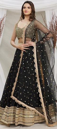 Black and Grey color Lehenga in Georgette fabric with Sequence work Black Choli With Resham Embroidery For Wedding, Black Dress With Dupatta For Celebration, Black Celebration Dress With Dupatta, Black Sharara With Pallu For Wedding, Black Party Wear Choli With Sheer Dupatta, Black Party Wear Choli With Dupatta, Black Wedding Sharara With Pallu, Wedding Black Choli With Zari Work, Black Floor-length Dupatta For Reception