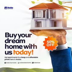 a hand holding a house with the words buy your dream home with us today