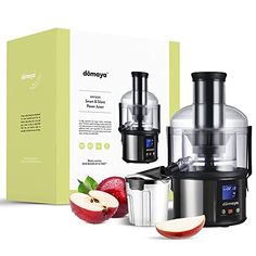 an apple is next to a juicer and a box with the package on it