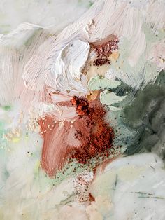 an abstract painting with white, red and green colors