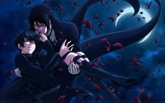 two anime characters hugging each other in front of a full moon and blood splattered background