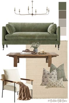 a living room with green couches and pillows