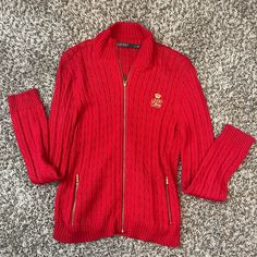 Red Ralph Lauren Full Zip Front Closer, Knit Sweater With Gold Zipper, Size M, Looks Brand New , Excellent Condition. Cozy Red Knitted Outerwear, Red Long Sleeve Cable Knit Cardigan, Fitted Knitted Red Outerwear, Red Cable Knit Long Sleeve Cardigan, Red Cable Knit Winter Outerwear, Casual Red Knit Outerwear, Cozy Red Cable Knit Cardigan, Red Cable Knit Outerwear, Red Knit Outerwear With Cable Knit Details