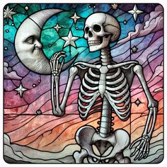 a skeleton sitting in front of a stained glass window with stars and the moon on it