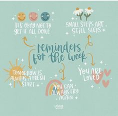 an image of reminders for the week written in different font styles and colors on a blue background