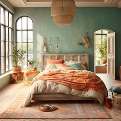 a bedroom with blue walls and wooden bed frame, orange blankets on top of the bedspread