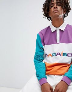 ASOS DESIGN rugby long sleeve polo shirt with color block panels and paraiso embroidery Polo Shirt Style, Guy Fits, Mens Polo T Shirts, Sport Club, Shirts Long Sleeve, Pique Polo Shirt, Long Sleeve Polo Shirt, Long Sleeve Polo, Mens Swimwear