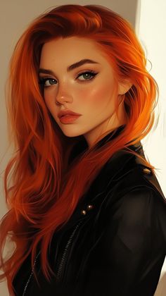 a painting of a woman with red hair and blue eyes wearing a black leather jacket