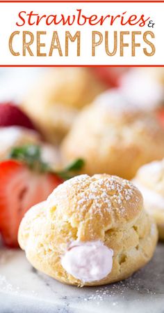 strawberry cream puffs on a plate with strawberries