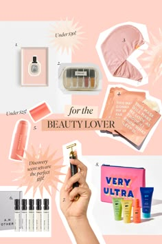 an assortment of beauty products on a pink background with the words for the beauty lover