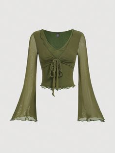 Tie Front Lettuce Trim Tee,Sheer Green Casual  Long Sleeve Knitted Fabric Plain  High Stretch  Women Clothing, size features are:Bust: ,Length: ,Sleeve Length: Trims Fashion, Flare Long Sleeve, Long Sleeve Tops Casual, Baggy Pants, Mode Inspo, Womens Tie, Elegant Shirt, Outfits Casuales, Long Sleeve Crop Top