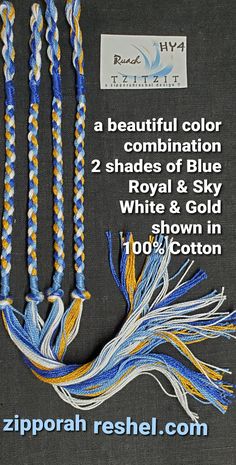 four blue and yellow braided necklaces with white and gold beads