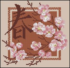 a cross stitch pattern with pink flowers on a brown background