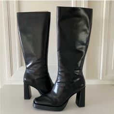 Nwt Free People Jeffery Campbell Taysha Tall Black Leather Boots Sz 8. Excellent Condition Used Once Wide Calf Closed Toe Faux Leather Heels, Wide Calf Closed Toe Heeled Boots, Square Toe Platform Boots With Padded Heel, Office Heeled Boots With Padded Heel And Round Toe, Closed Toe Platform Boots For Workwear, Square Toe Synthetic Platform Boots, Formal Closed Toe Platform Boots In Synthetic, High Heel Boots For Office, Faux Leather Heeled Boots With Reinforced Heel