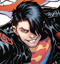 a man with black hair and blue eyes wearing a superman costume next to a demon