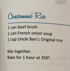 closeup of the ingredients for a homemade rice dish in a recipe book, with instructions on how to make it