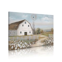 a painting of a white barn with flowers in the foreground and a windmill in the background