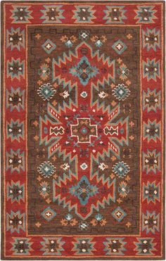 a brown and red rug with an ornate design on the center, surrounded by smaller geometric shapes