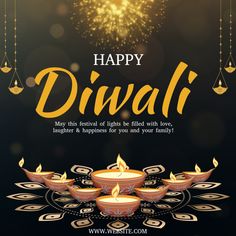 happy diwali greeting card with candles and firecrackers on black background