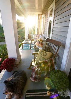 a dog laying on the front porch next to a rocking chair and table with flowers