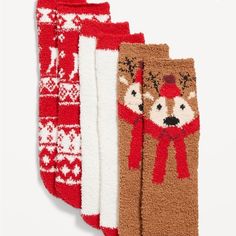 Nwt Old Navy Cozy Crew Socks 3-Pack Color: Red Fair Isle Os Pack Includes 3-Pairs Of Cozy Crew Socks, Each In A Different Graphic, Pattern Or Color. Soft, Plush Chenille, With Comfortable Stretch. Materials & Care 99% Polyester, 1% Spandex Machine Wash Cold, Tumble Dry Low. Imported. Fit & Sizing One Size. Pet And Smoke Free House Gold Tights, Cozy Socks, Womens Tights, No Show Socks, Old Navy Women, Bubblegum Pink, Holiday Gift Guide, Fair Isle, Socks Women