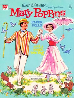 the front cover of mary popps paper dolls, featuring a man and woman holding an umbrella