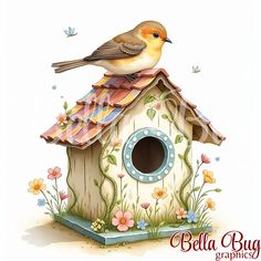 a bird is sitting on top of a birdhouse with flowers and butterflies around it