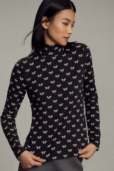 Our favorite mantra for standout style? Prints and repeat. This simple turtleneck top is elevated with of-the-moment prints. | Printed Long-Sleeve Turtleneck Top by Maeve in Black, Women's, Size: Largearge, Cotton/Elastane at Anthropologie Turtleneck Top, Long Sleeve Turtleneck, Turtle Neck Top, Mantra, Anthropologie, Long Sleeve Tees, Top Brands, Turtle Neck, Luxury Fashion