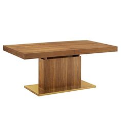 a wooden table with a square shaped top and gold base on an isolated white background