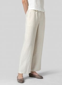 Linen Seasonless Regular Long Pants Classic Straight Pants For Loungewear, Relaxed Solid Color Pants With Straight Hem, Classic Wide-leg Pants For Loungewear, Classic Wide-leg Loungewear Pants, Chic Solid Straight Hem Bottoms, Chic Solid Bottoms With Straight Hem, Elegant Tapered Leg Pants For Loungewear, Elegant Tapered Leg Loungewear Bottoms, Enjoy Your Day