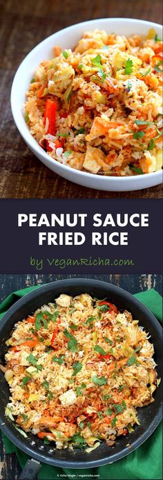 two pictures showing different types of fried rice in pans and on the same plate