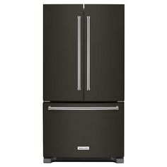 a black refrigerator freezer sitting on top of a white background with the door open