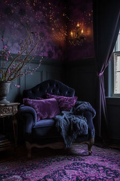 whimsy goth inspo, whimsy goth bedroom, dark purple bedroom, dark purple room, dark feminine room Queen Decor, Deco Violet, Purple Cottage, Moody Decor, Feminine Bedroom, Dark Queen, Purple Bedroom