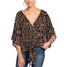 Khaki Front Twist Leopard Print Blouse Short Sleeve Blouses, Neck Tie Knots, Fit Womens, Stylish Blouse, Leopard Print Blouse, Trendy Prints, Women Sleeve, Print Blouse, Casual Blouse