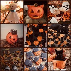 a collage of pumpkins, jack - o'- lanterns and other halloween decorations