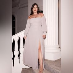 Lulus, Size Medium, Grey, Off-The-Shoulder Maxi Dress. New With Tags. Gray Formal Dress Plus Size, Gray Formal Dress Long Sleeve, Plus Size Wedding Fit, Gray Long Sleeve Dress Formal, Off Shoulder Gray Dress, Wedding Guest Outfit Fall, Long Sleeve Bridesmaid Dress, Plus Size Party Dresses, Balloon Sleeve Dress