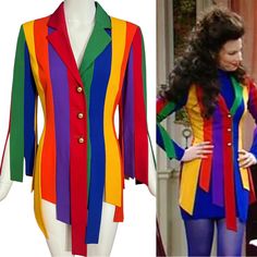 Iconic Show-Stopping 1990’s Moschino Cheap And Chic Rainbow Striped Jacket. As Seen On Fran Dresher On The Nanny. This Jacket Features Vivid Rainbow Stripes That Differ In Length Creating A Flapper Fringe Design. Made In Italy Size: Us Size 6 Condition: Good Condition. Light Wear Consistent With Age And Use Throughout Measurements: Bust- 34” Waist- 29” Length-33” Fran Dresher, Rainbow Car, Moschino Jacket, The Nanny, Moschino Cheap And Chic, Fringe Jacket, Striped Jacket, Rainbow Stripes, Retro Outfits