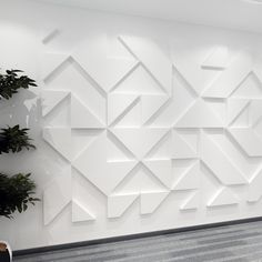 an office with white walls and plants on the wall, along with carpeted flooring