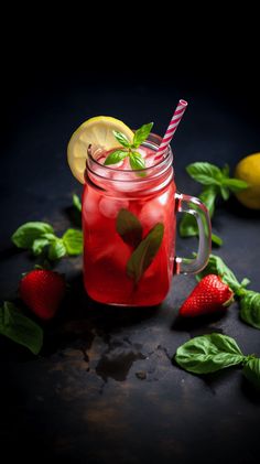 a mason jar with strawberries, lemon and mint